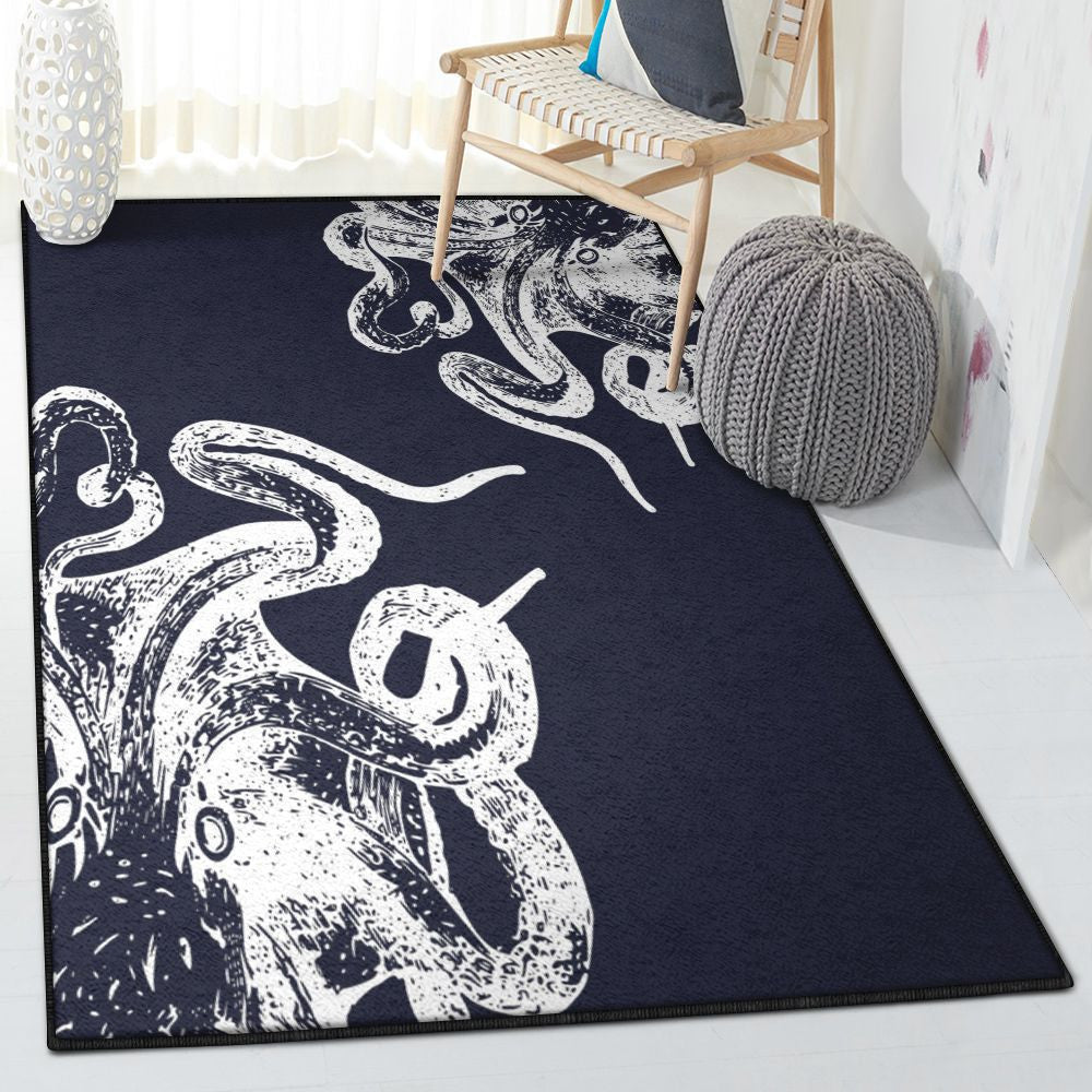 Octopus Modern Rugs Navy Blue Octopus Rug Rectangle Rugs Washable Area Rug Non-Slip Carpet For Living Room Bedroom