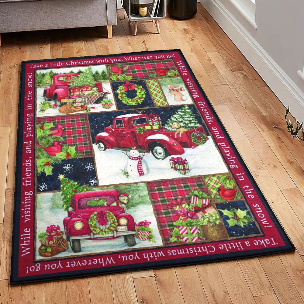 Xmas Decoration Kitchen Rugs Christmas Red Truck Rug Rectangle Rugs Washable Area Rug Non-Slip Carpet For Living Room Bedroom