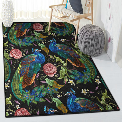 Peafowl Art Deco Rug Peacock Rose Rug Rectangle Rugs Washable Area Rug Non-Slip Carpet For Living Room Bedroom
