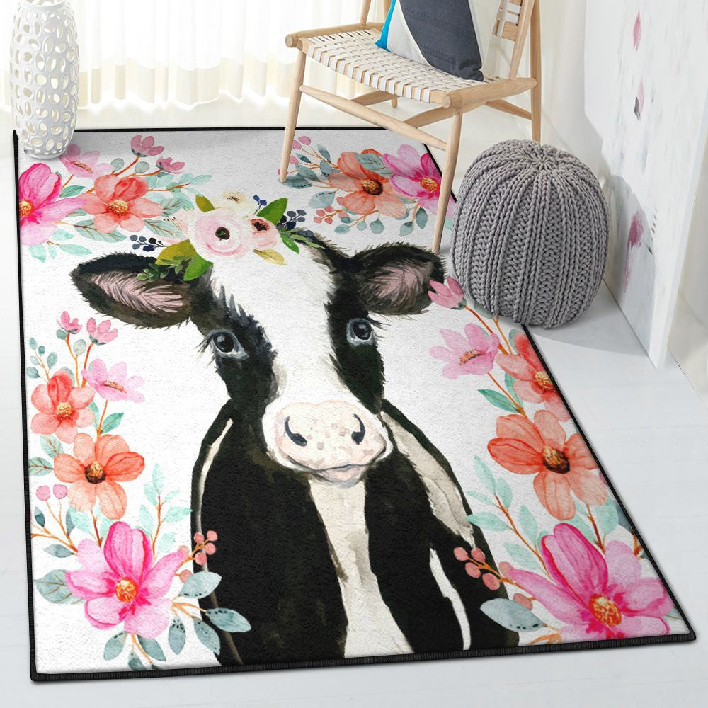 Milk Cow Washable Rugs Cow Flower Rug Rectangle Rugs Washable Area Rug Non-Slip Carpet For Living Room Bedroom