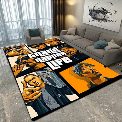 Legends Of Hip Hop Old School Area Rug, Hip Hop Rapper Gang GTA Style Carpet Grand Rapper Life Custom Rugs For Living Room
