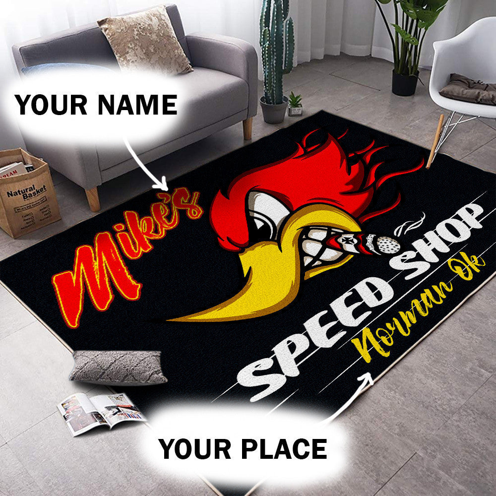 Personalized Speed Shop | Hot Rod Rug 08462 Living Room Rugs, Bedroom Rugs, Kitchen Rugs