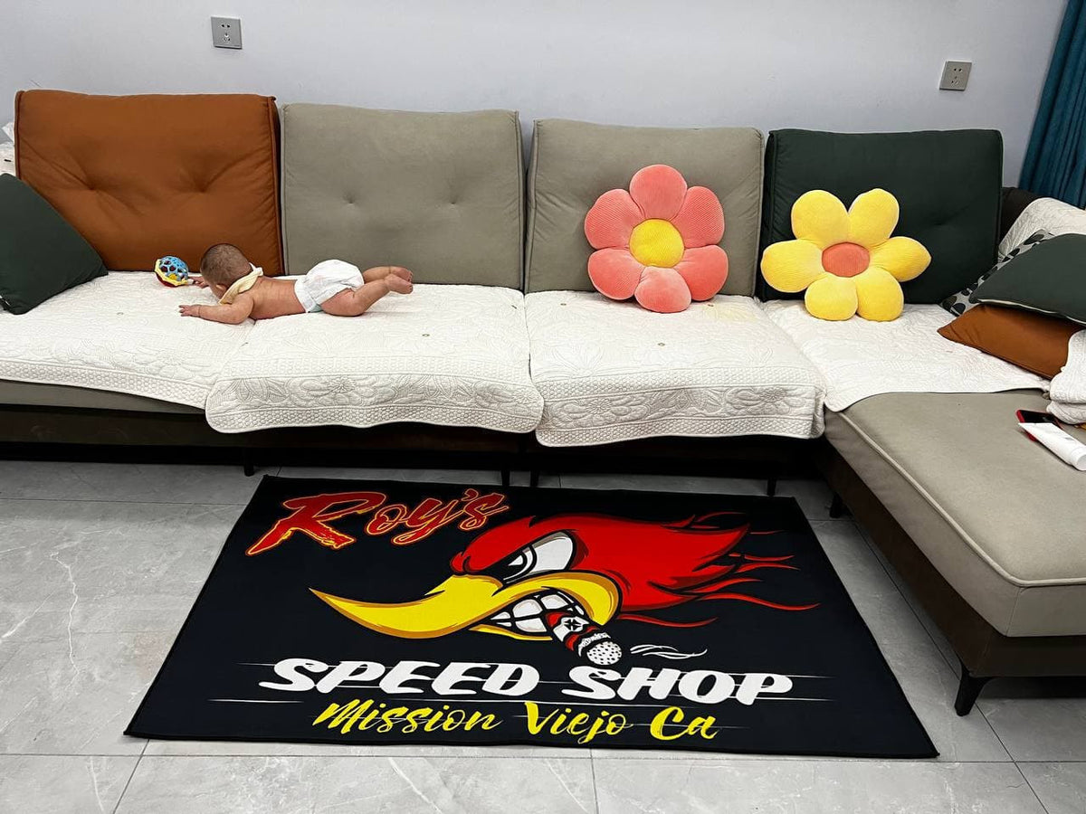 Personalized Speed Shop | Hot Rod Rug 08462 Living Room Rugs, Bedroom Rugs, Kitchen Rugs