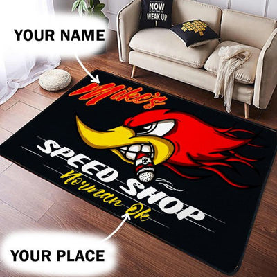 Personalized Speed Shop | Hot Rod Rug 08462 Living Room Rugs, Bedroom Rugs, Kitchen Rugs