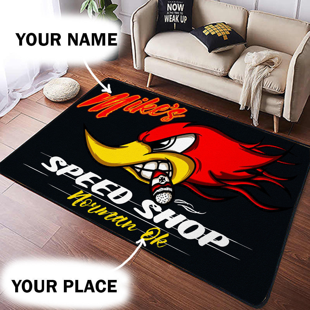 Personalized Speed Shop | Hot Rod Rug 08462 Living Room Rugs, Bedroom Rugs, Kitchen Rugs