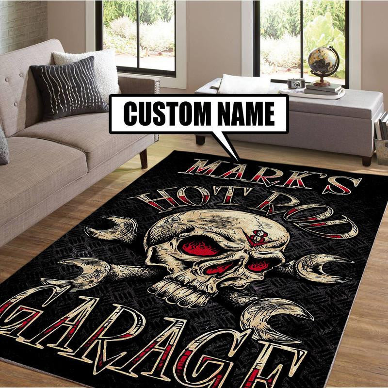 Personalized Hot Rod Garage Rug Living Room Rugs, Bedroom Rugs, Kitchen Rugs