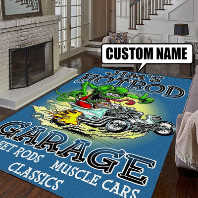 Personalized Rat Fink Hot Rod Garage Rug 07868 Living Room Rugs, Bedroom Rugs, Kitchen Rugs