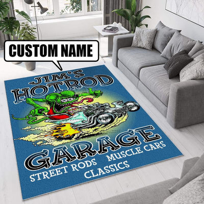 Personalized Rat Fink Hot Rod Garage Rug 07868 Living Room Rugs, Bedroom Rugs, Kitchen Rugs