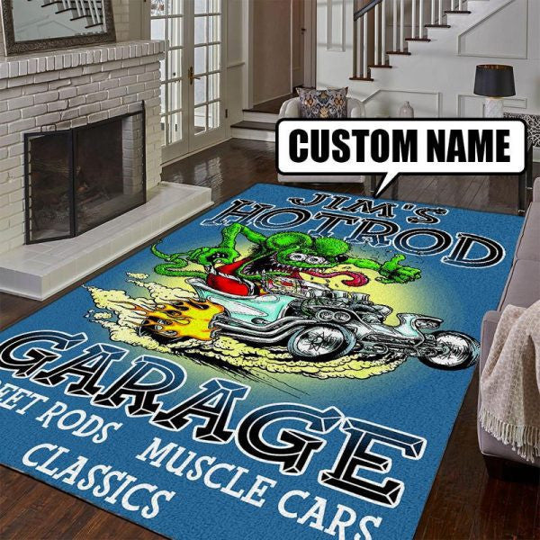 Personalized Rat Fink Hot Rod Garage Rug 07868 Living Room Rugs, Bedroom Rugs, Kitchen Rugs
