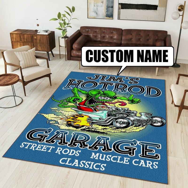 Personalized Rat Fink Hot Rod Garage Rug 07868 Living Room Rugs, Bedroom Rugs, Kitchen Rugs