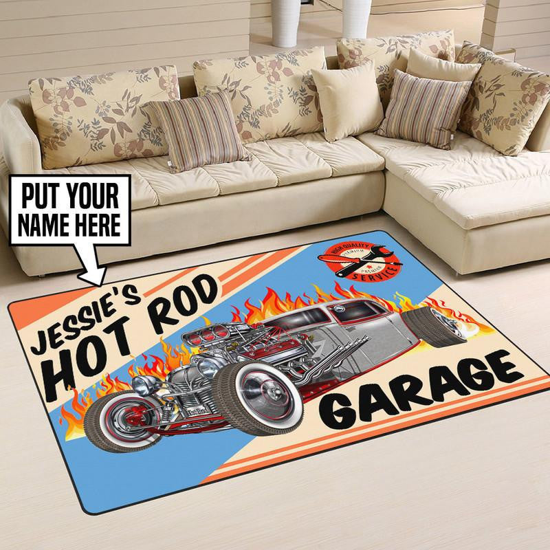 Personalized Hot Rod Garage Rug Living Room Rugs, Bedroom Rugs, Kitchen Rugs