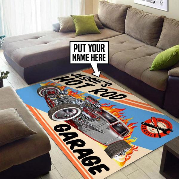 Personalized Hot Rod Garage Rug Living Room Rugs, Bedroom Rugs, Kitchen Rugs