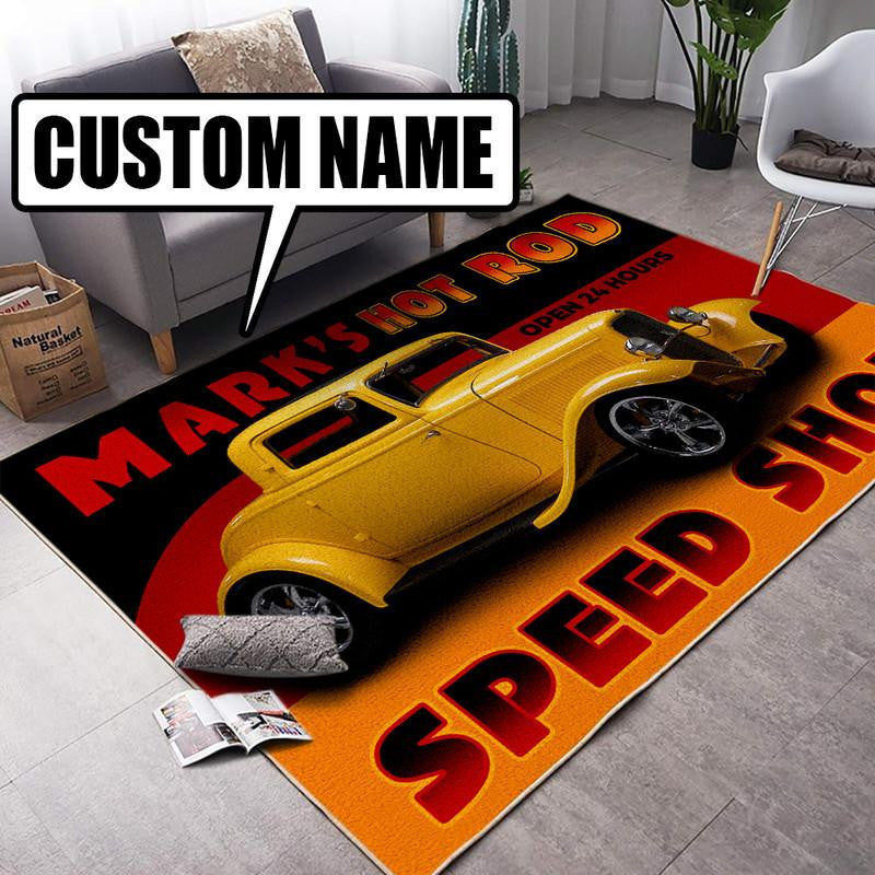 Personalized Hot Rod Garage Rug 07812 Living Room Rugs, Bedroom Rugs, Kitchen Rugs