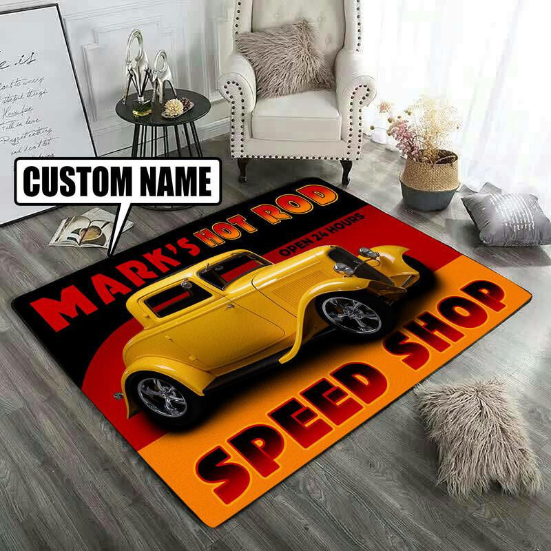 Personalized Hot Rod Garage Rug 07812 Living Room Rugs, Bedroom Rugs, Kitchen Rugs