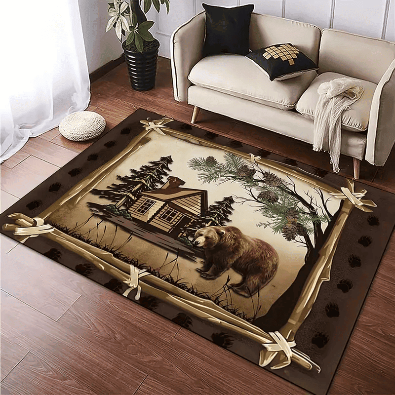 Bear Pattern Area Rugs, Vintage Rustic Cabin Polyester Fiber Carpet Home Decor