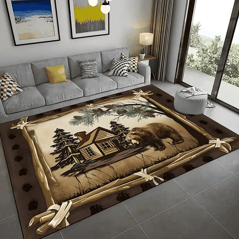 Bear Pattern Area Rugs, Vintage Rustic Cabin Polyester Fiber Carpet Home Decor