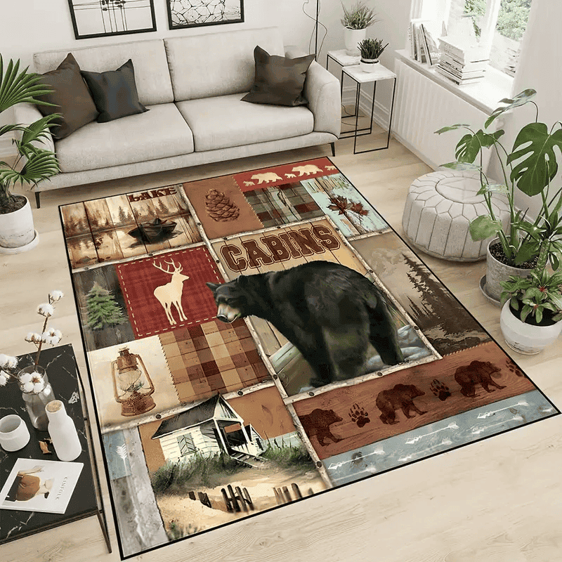 Retro Area Rug, Hand Washable Floor Mat, Wild Bear Pattern Carpet Home Decor Living Room Rug Cabin Style Area Rug