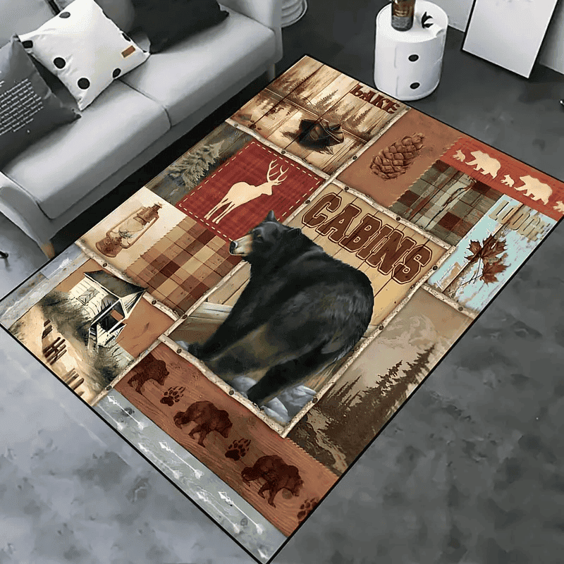 Retro Area Rug, Wild Bear Pattern Carpet Bedroom Living Room Leisure Area Bedside Accessories Home Decor Room Decor