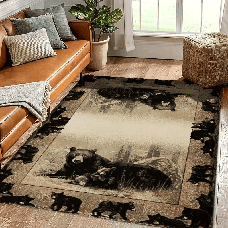 Retro Black Bear Print Rug, American Style Forest Pattern Carpet For Home Decor Kitchen Bedroom Bathroom Living Room Bedroom Laundry Room