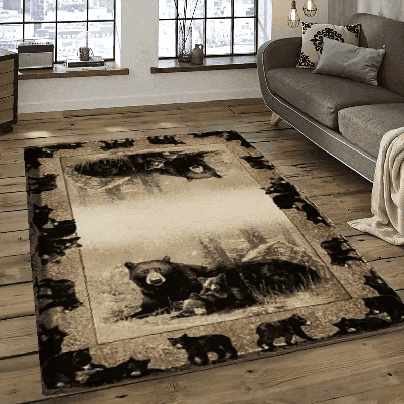 Retro Black Bear Print Rug, American Style Forest Pattern Carpet For Home Decor Kitchen Bedroom Bathroom Living Room Bedroom Laundry Room