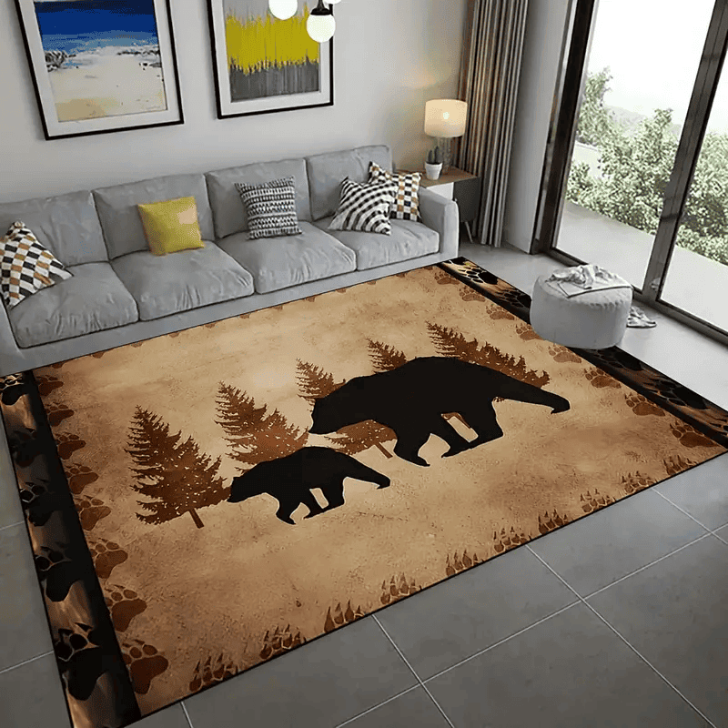 2 Black Bear Print Rug, Cabin Style Forest Pattern Carpet For Home Decor Retro Bear Family Decorative Area Rug