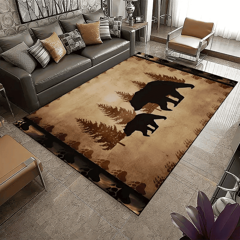 2 Black Bear Print Rug, Cabin Style Forest Pattern Carpet For Home Decor Retro Bear Family Decorative Area Rug