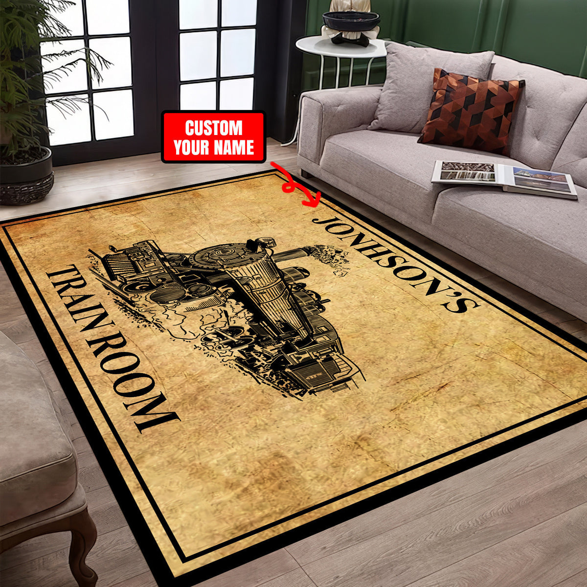 Personalized Train Room Steam Locomotive Area Rug