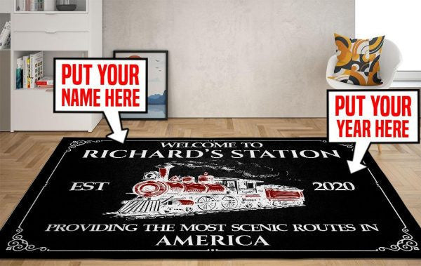 Personalized Railroad Station rug Gift For Train Lovers
