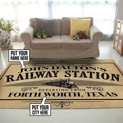 Personalized All Aboard Railroad Station Train Rug Decor