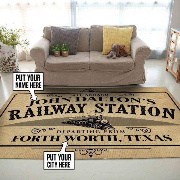 Personalized All Aboard Railroad Station Train Rug Decor