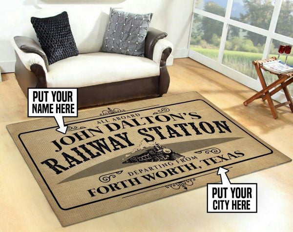 Personalized All Aboard Railroad Station Train Rug Decor