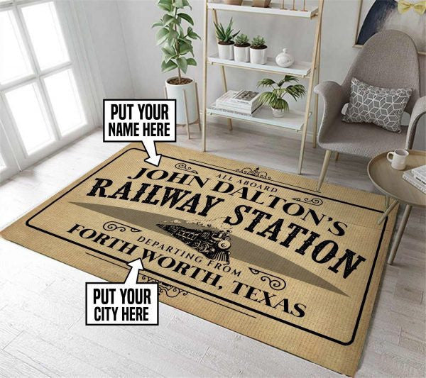 Personalized All Aboard Railroad Station Train Rug Decor