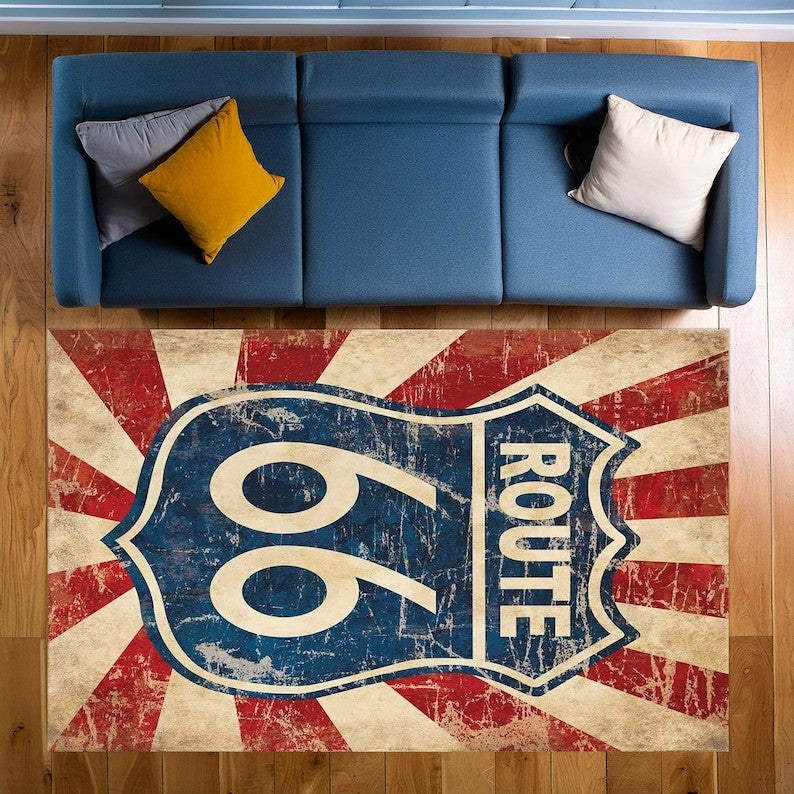 Route 66 Road Area Rug, Retro American Highway Bikers Rug Route 66 Rug Home Decor