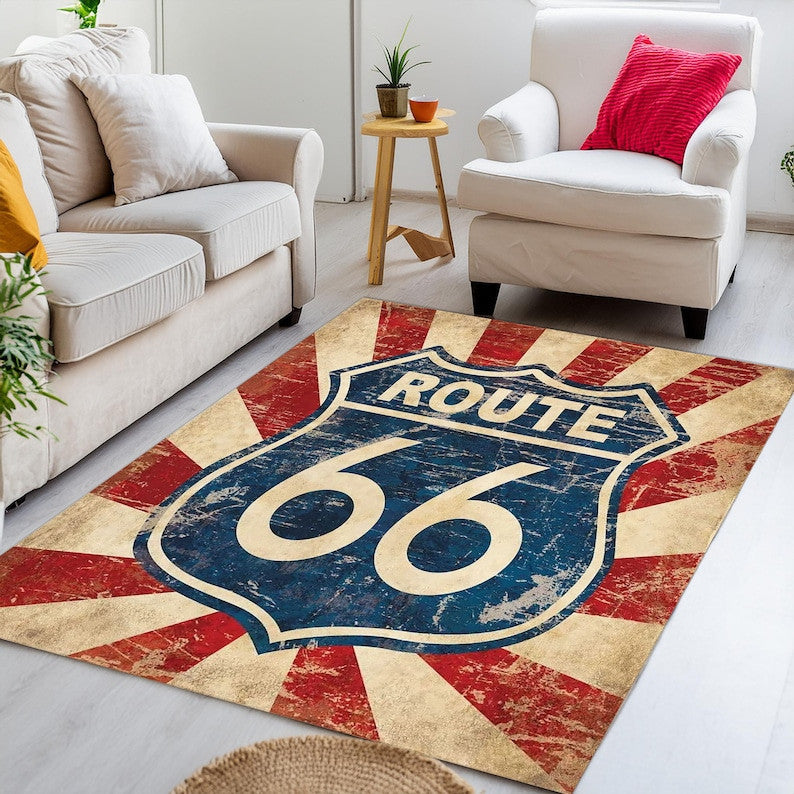 Route 66 Road Area Rug, Retro American Highway Bikers Rug Route 66 Rug Home Decor