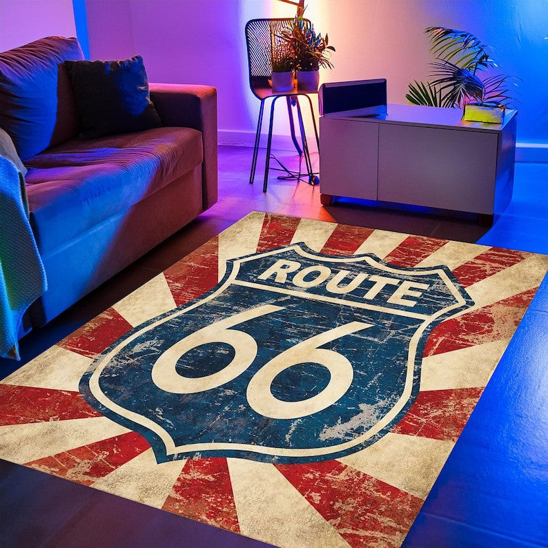 Route 66 Road Area Rug, Retro American Highway Bikers Rug Route 66 Rug Home Decor