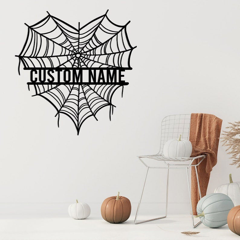 Personalized Halloween Heart Spider Web Metal Wall Custom Name Heart Sign Spider Web Monogram Fall Decor Gothic Decor