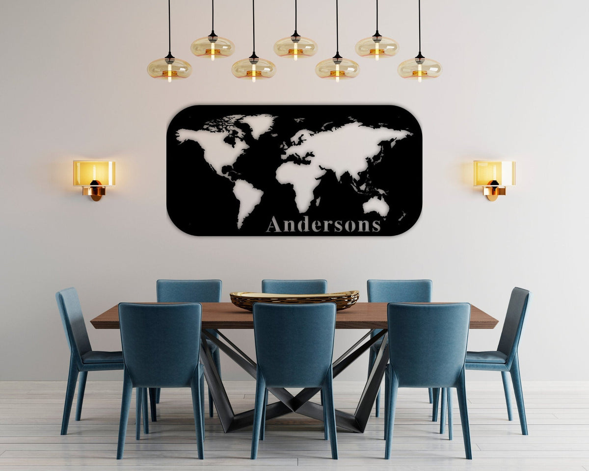 Custom Family Name Metal Sign World Map Metal Art Home Traveling Decor Last Name Sign Metal Decorative Wall Art