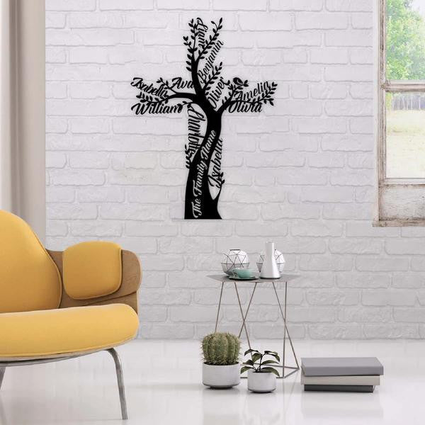 Family Christian Tree Personalized Names Cut Metal Sign