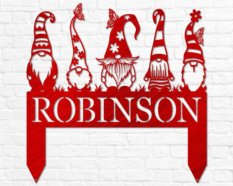 Garden Gnome Yard Stake Custom Family Name Sign Christmas Gnome Stakes Gnome Metal Art Gnome Monogram Yard Decor Outdoor Decor