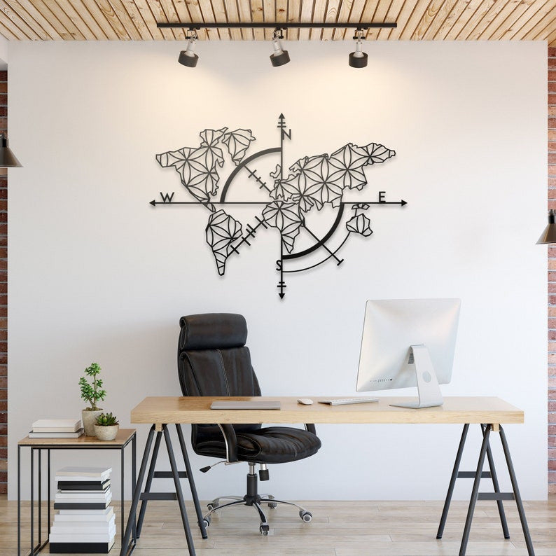 Metal World Map Art World Map Art Sign Living Room Decor Gift for Him Compass World Map