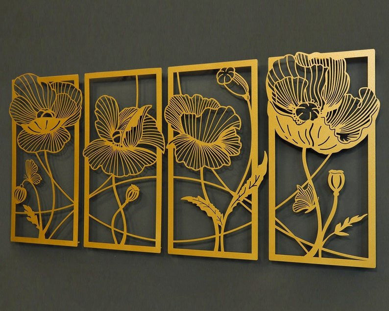 4 Panel Large Metal Flowers Wall Art Living Room Wall Art Bedroom Wall Decor Extra Large Wall Art