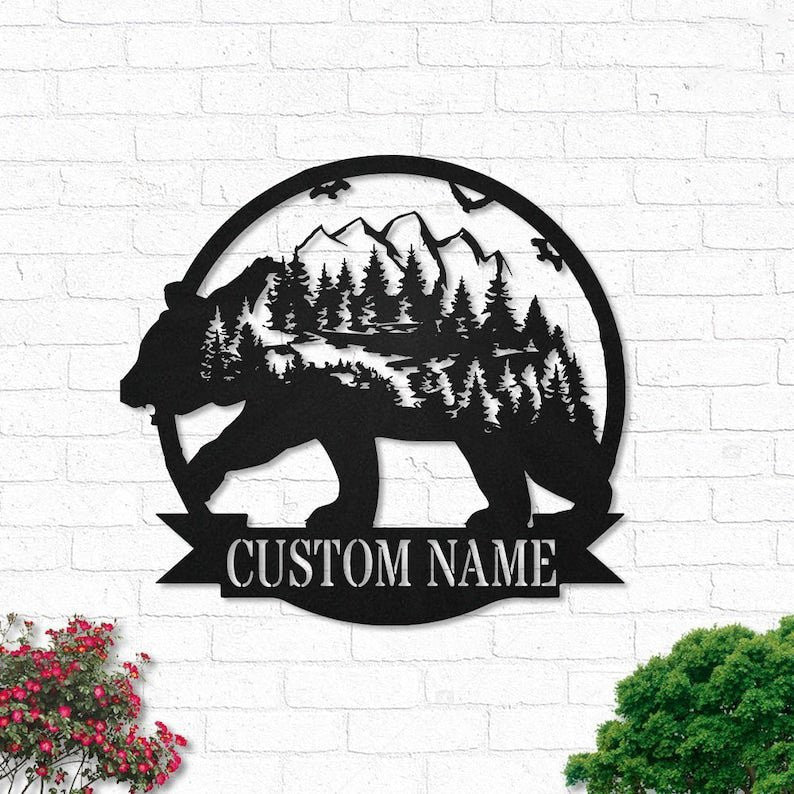 Custom Tree Mountain Bear Personalized Nature Name Sign Decoration For Living Room Wildlife