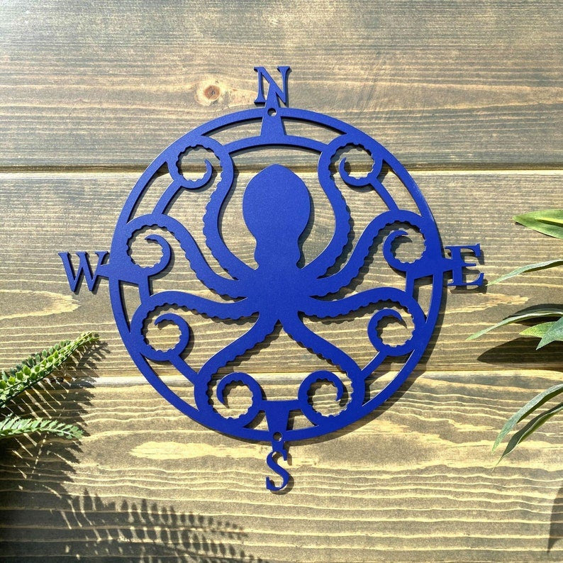 Kraken Octopus Compass Wall Decor Cut Metal Sign