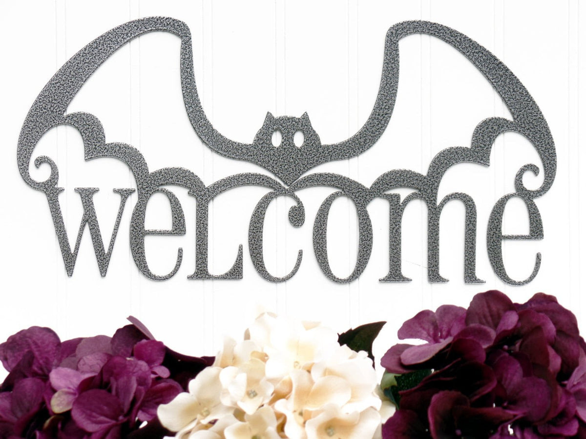 Halloween Bat Welcome Metal Sign Silver Halloween Decor Halloween Bats Outdoor Sign Door Sign Wall Art