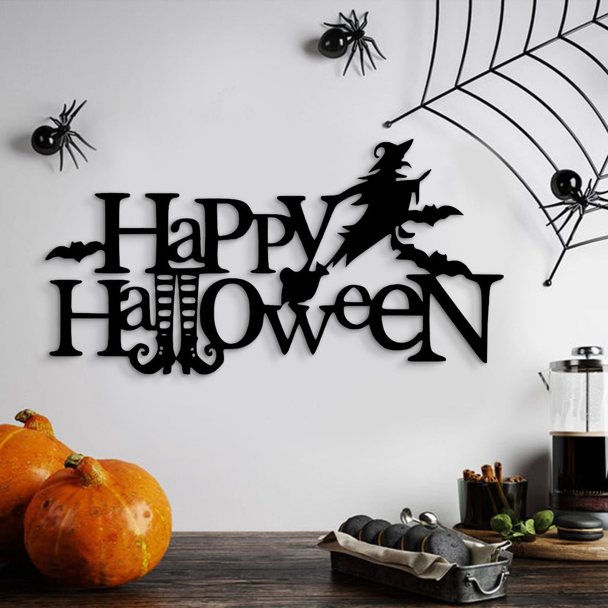 Happy Halloween Metal Sign Witch Sign Witch Broomstick Halloween Welcome Sign Halloween Decor Halloween Pumpkin Bat Sign