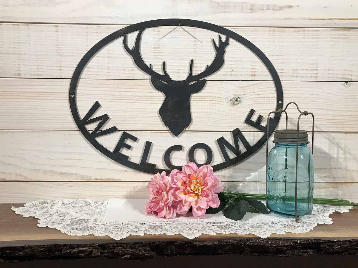 Large Metal Deer Antler Welcome Sign 30 Inch Rustic Metal Decor