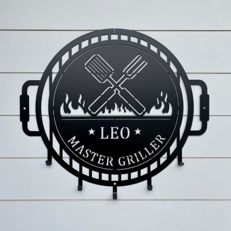Grill Master Metal Sign With Utensil Hangers Grill Master Name Sign With Metal Hooks For Hanging Grilling Utensils