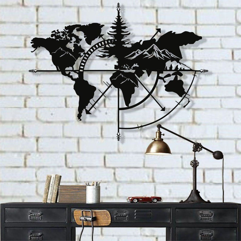 Metal World Map Mountain Design World Map Compass Wall Decor Interior Decoration Wall Hanging Black White Silver Bronze Gold
