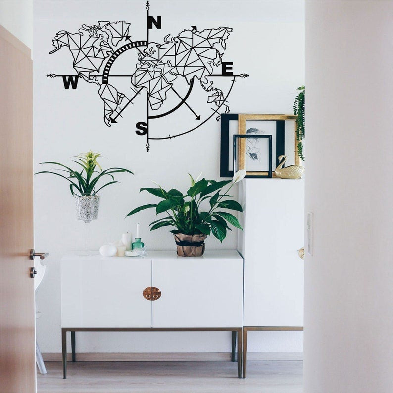 Metal World Map Geometric World Map Compass Metal Wall Decor Home Office Decoration Wall Hanging Black White Gold Silver Bronze