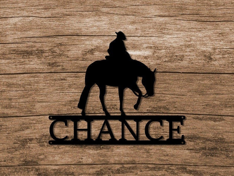 Custom Metal Western Horse And Rider Stall Sign Western Horse Stall Plaque Personalized Stall Name Plate